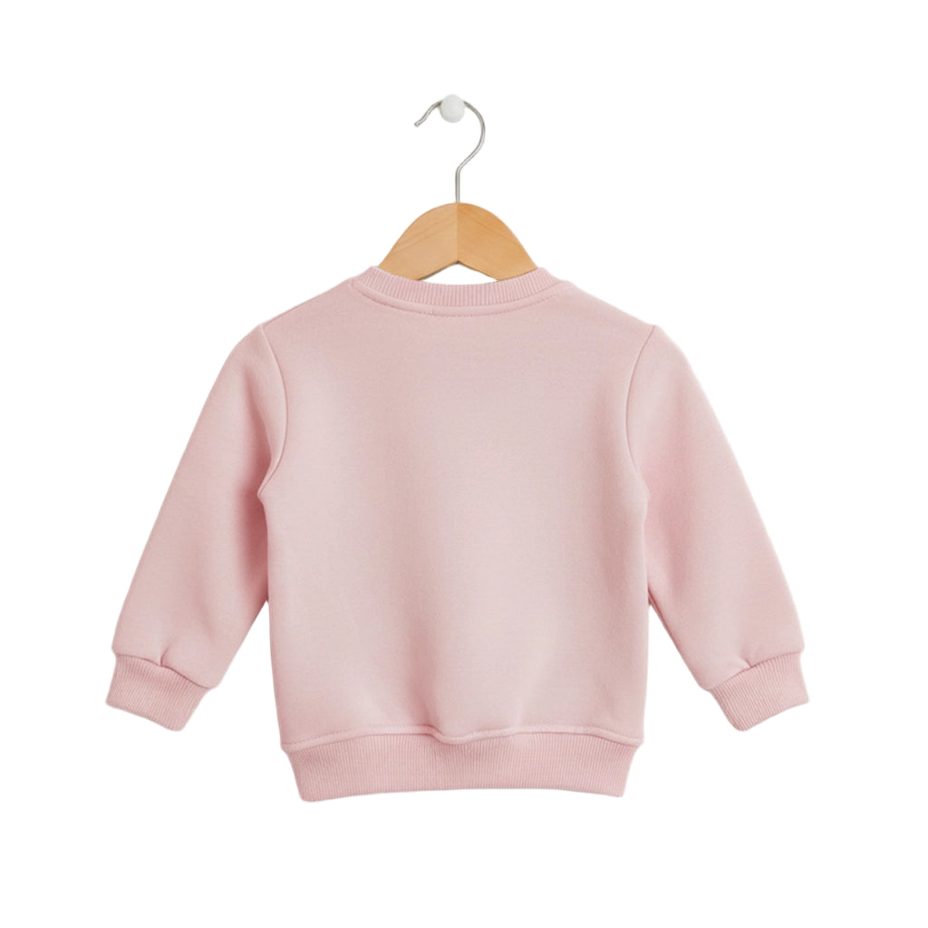 Pink children's sweatshirt on a wooden hanger against a light gray background
