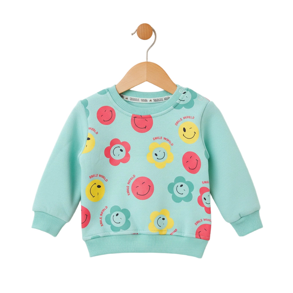 Children's light blue sweatshirt with colorful smiley faces and flowers on a white background