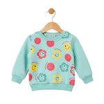 Children's light blue sweatshirt with colorful smiley faces and flowers on a white background