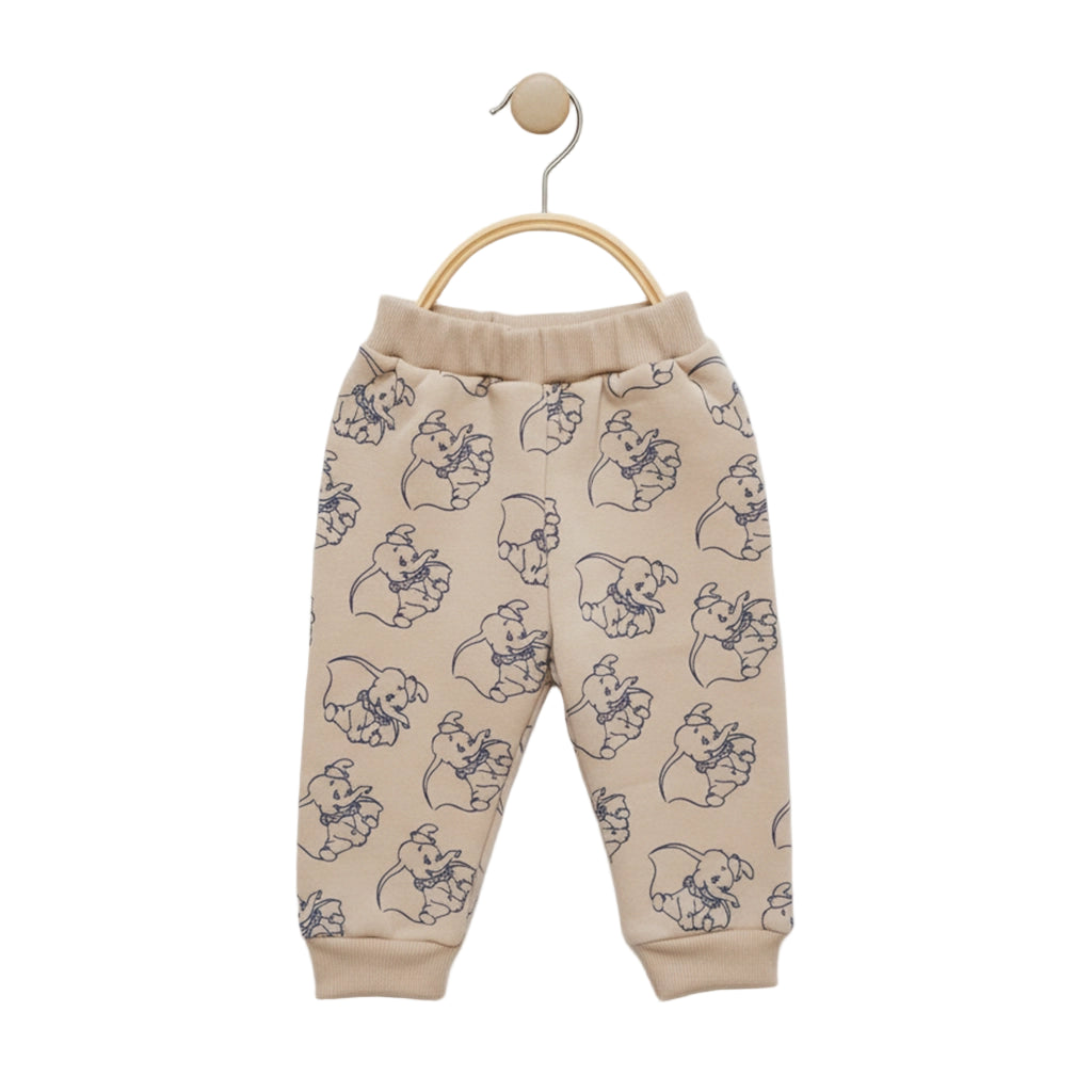 Beige baby pants with cartoon print on a wooden hanger against a white background