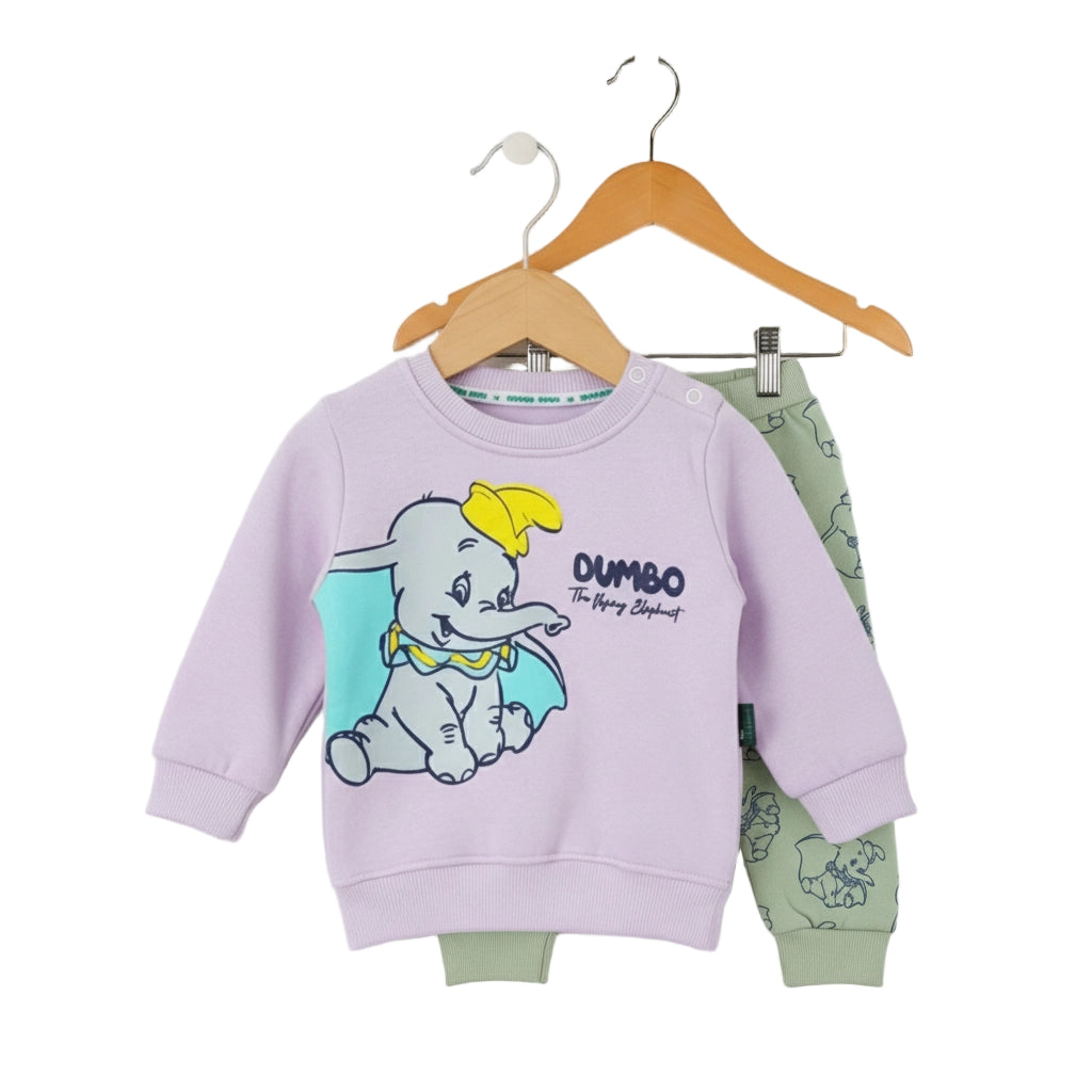 Children's outfit with Dumbo the Elephant sweater and pants on a hanger against a white background
