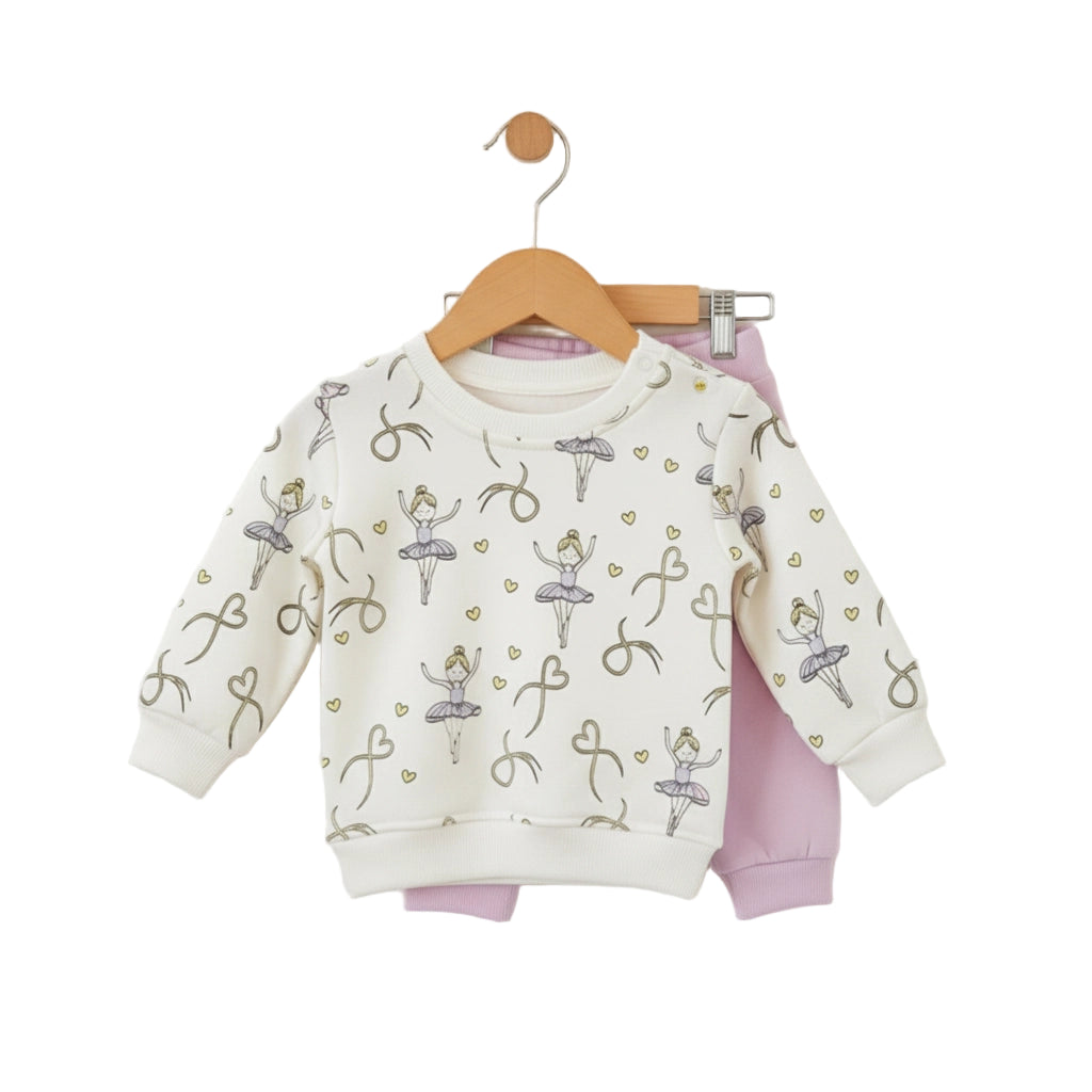 Children's sweatshirt with ballerina design on a hanger against a white background