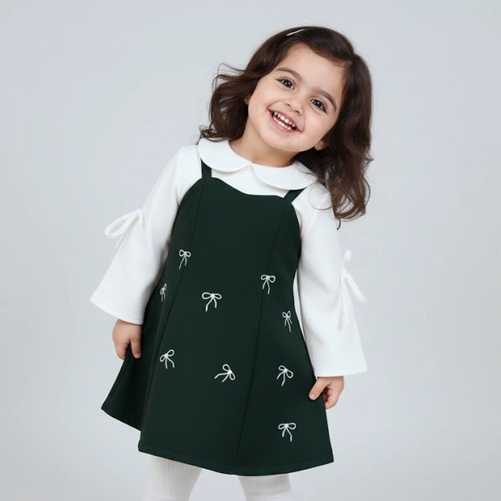 Evergreen Bow Woolen Dress | Ages 3M–36M