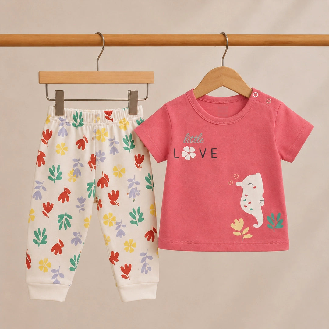 Children's pink shirt with 'Little Love' and seahorse design, paired with colorful floral pants on a beige background.