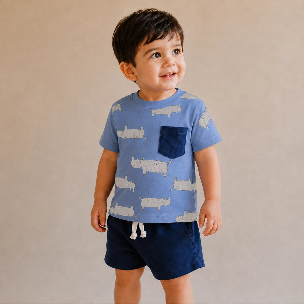 Child wearing a blue t-shirt with animal prints and dark shorts against a beige background