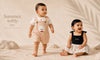 Two babies in outfits with text 'Summer, softly.' on a beige background