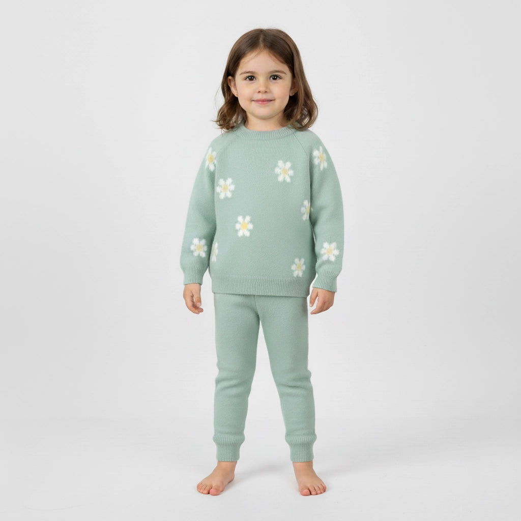 Daisy Knit Set – Cozy Mint Pullover & Pants Outfit | Ages 1Y–5Y