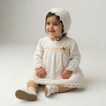 طقم فستان وبونيه دانتيل أنيق للأطفال | من ٣ إلى ٦ أشهر