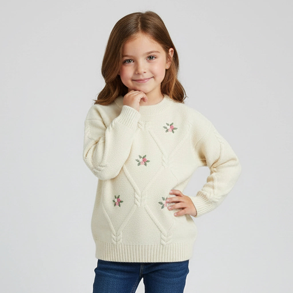 Fleur Pullover – Embroidered Beige Knit | Ages 2Y–6Y