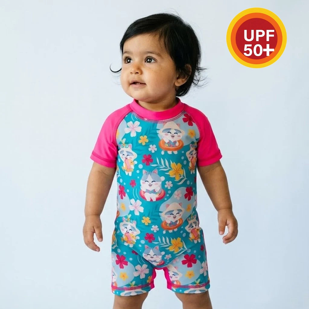 Tropical Cat One-Piece Swimsuit | UPF 50+ Protection | Ages 3M–18M