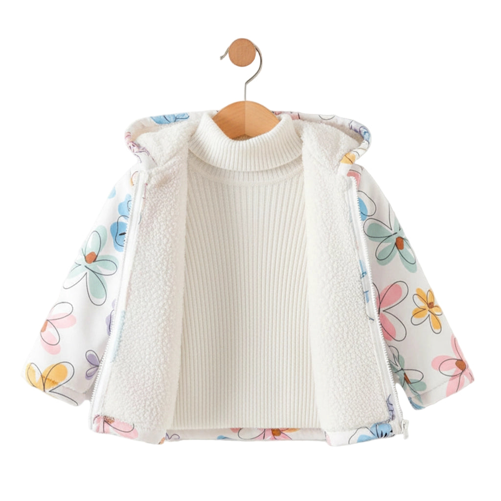 White turtleneck sweater with floral sleeves on a wooden hanger against a white background