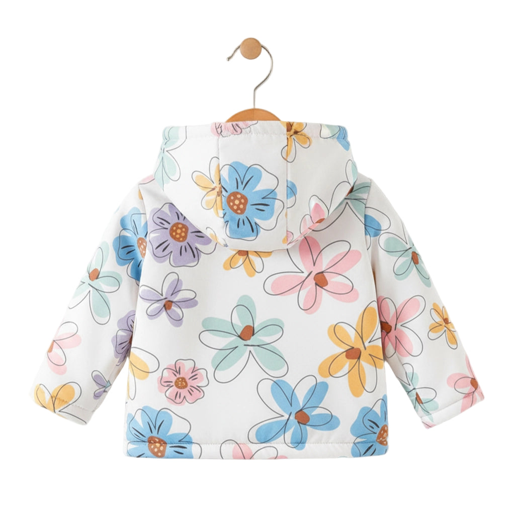 Floral-patterned hoodie on a hanger against a white background