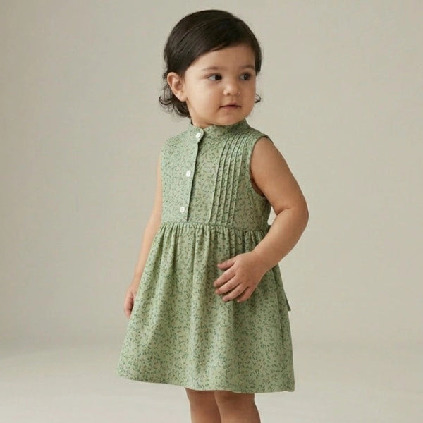 Young child wearing a green dress with a subtle pattern on a plain background
