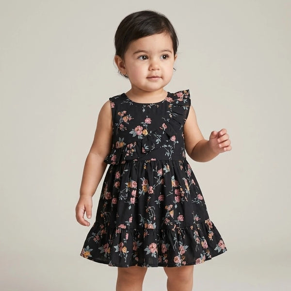 Child wearing a black floral dress against a plain background