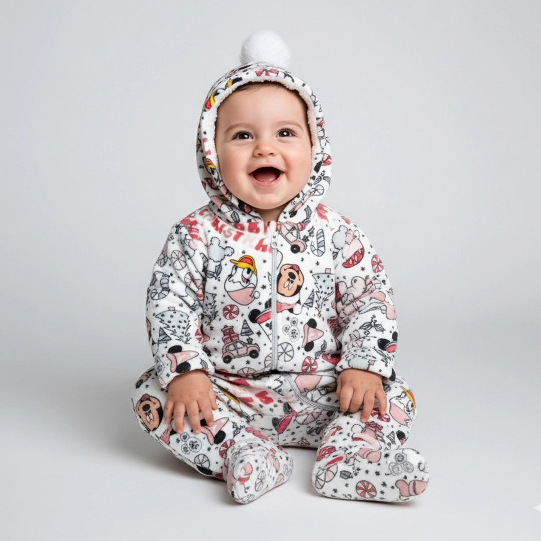 Christmas Cartoon Onesie with Hood & Double Zipper | Ages 0M–18M