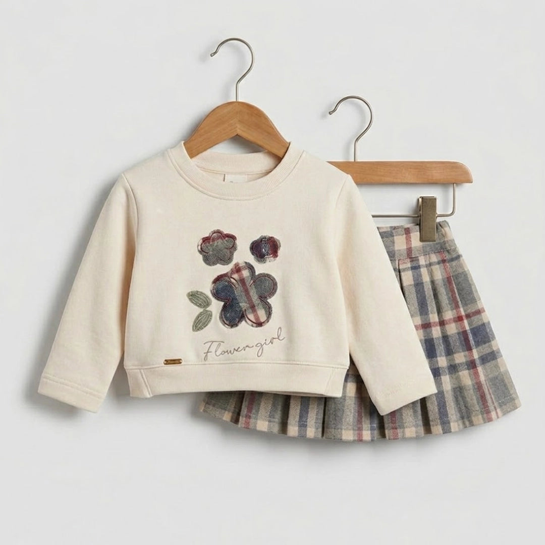 Flower Girl Sweater & Plaid Skirt Set | Ages 1Y–5Y