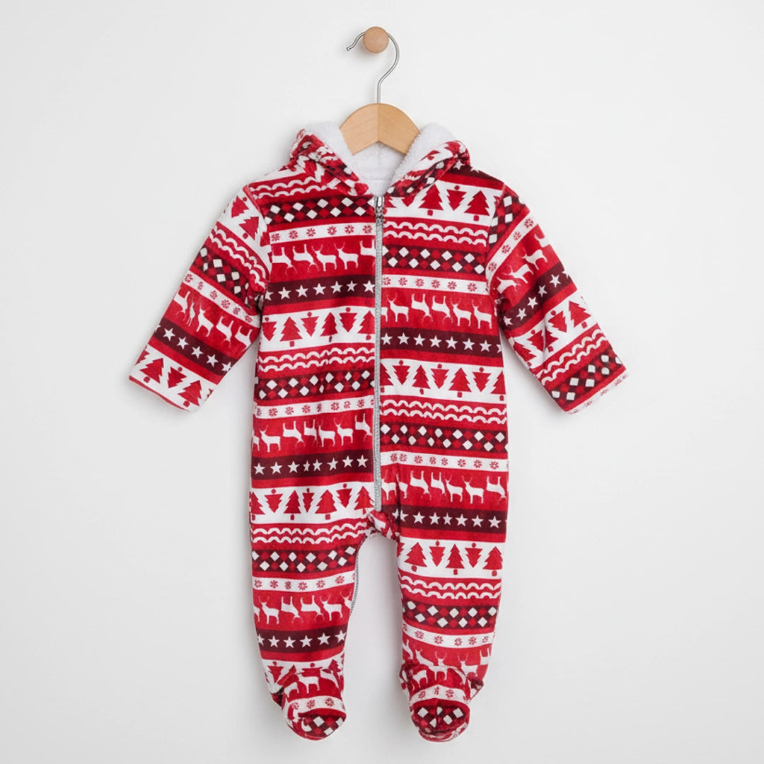 Red Christmas Onesie with Hood & Double Zipper | Ages 0M–18M