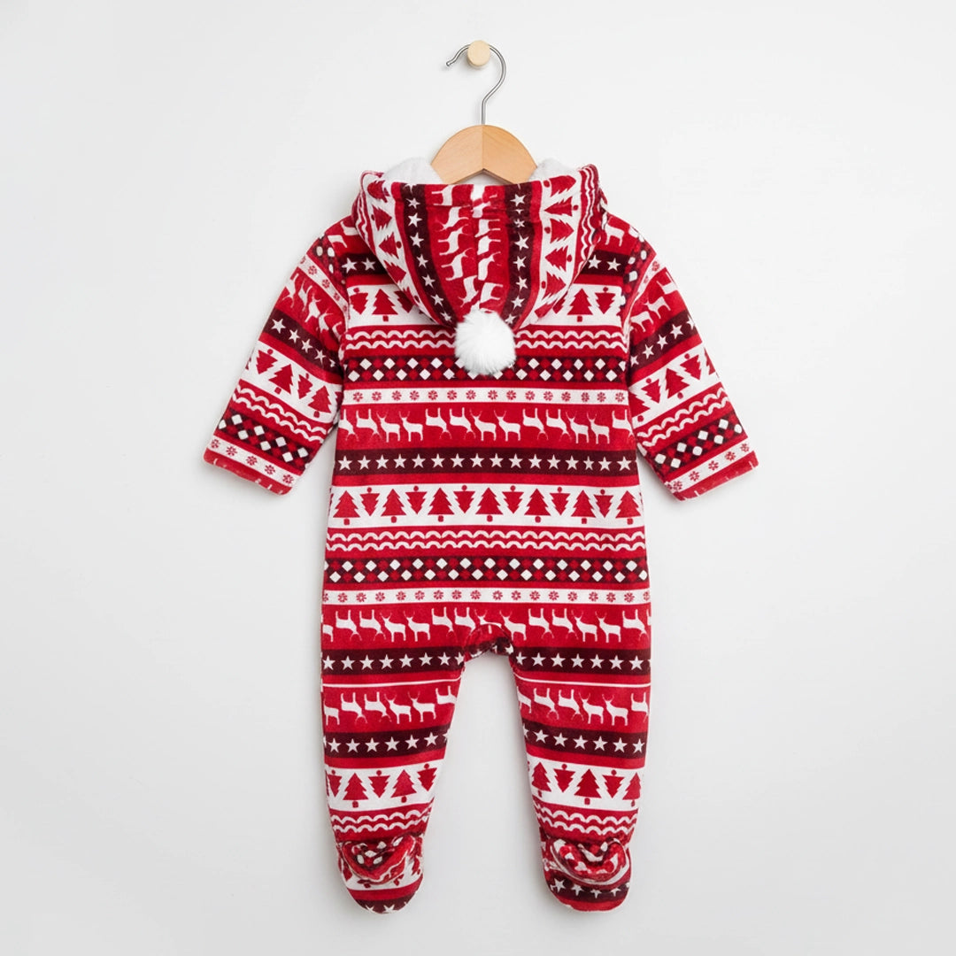 Red Christmas Onesie with Hood & Double Zipper | Ages 0M–18M
