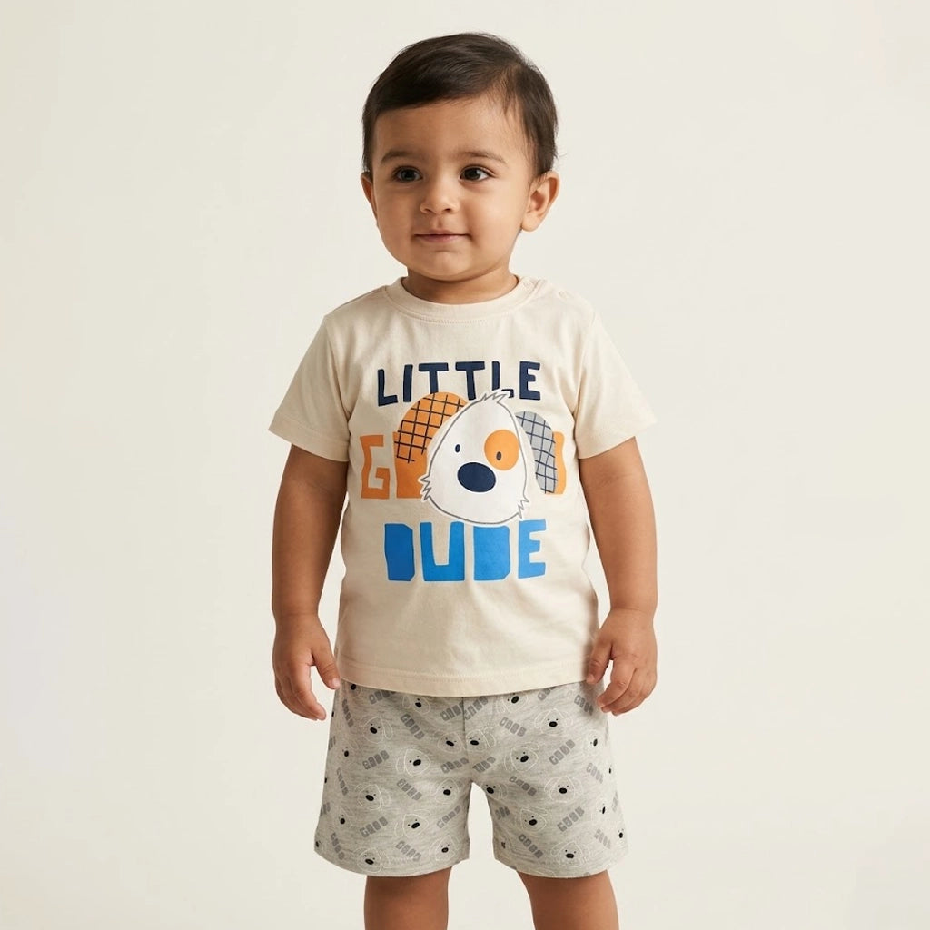 Child wearing a 'Little Dude' t-shirt with a graphic design on a plain background